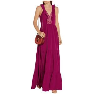Saloni Suzi Ruffle Lace Trimmed Crinkled Gauze Maxi Size 6 Dress Magenta $625
